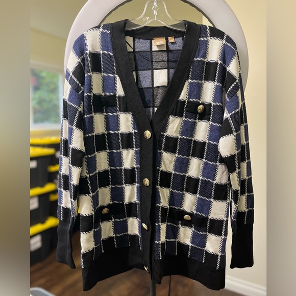 BOSS Fiabetta Tile Print Cardigan Black Plaid Knit - Picture 13 of 16